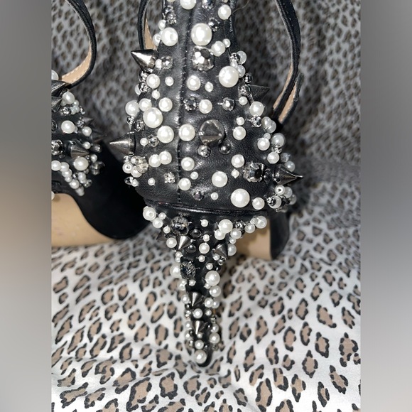 Gianni Bini Womens Ankle Strap Peep Toe Pumps Heels with Studs Pearls and Spikes - Picture 5 of 16